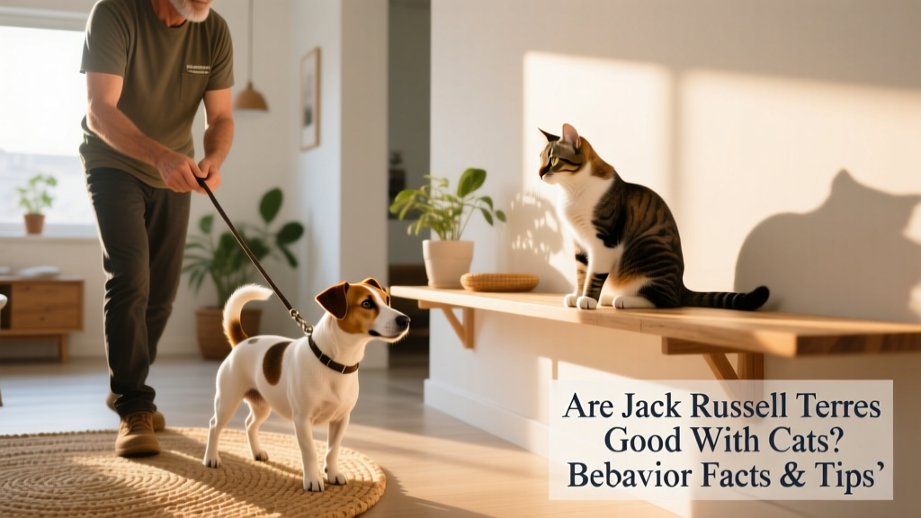 A trainer gently guiding a Jack Russell Terrier on a leash while a cat observes from a nearby shelf