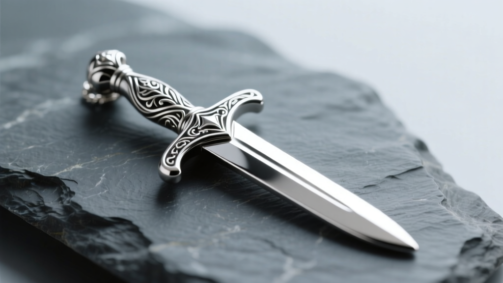 Macro photo of a silver sword pendant on slate, displaying hilt engravings and bright metallic reflections in soft studio light