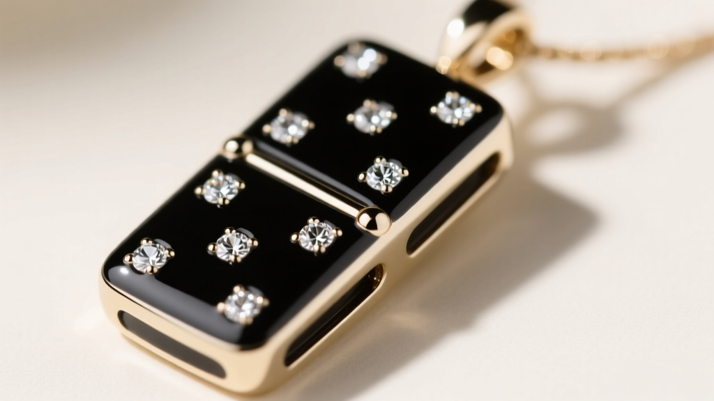 Macro shot of a black vitreous enamel and white gold domino pendant showing flush-set diamond dots and highly polished edges
