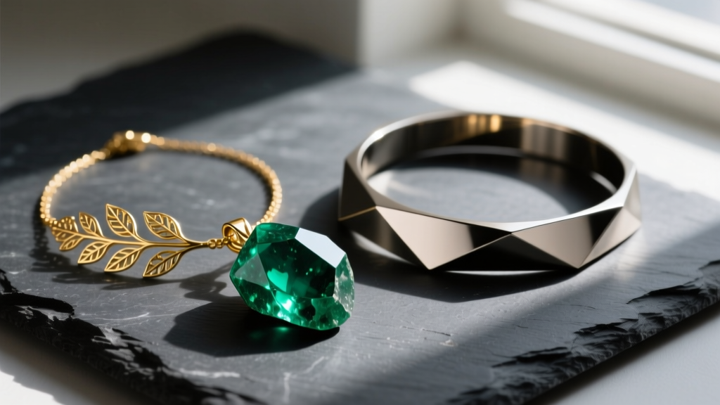Dark slate flat lay with a raw emerald brutalist pendant, a gold botanical choker, and a sleek titanium geometric collar necklace.