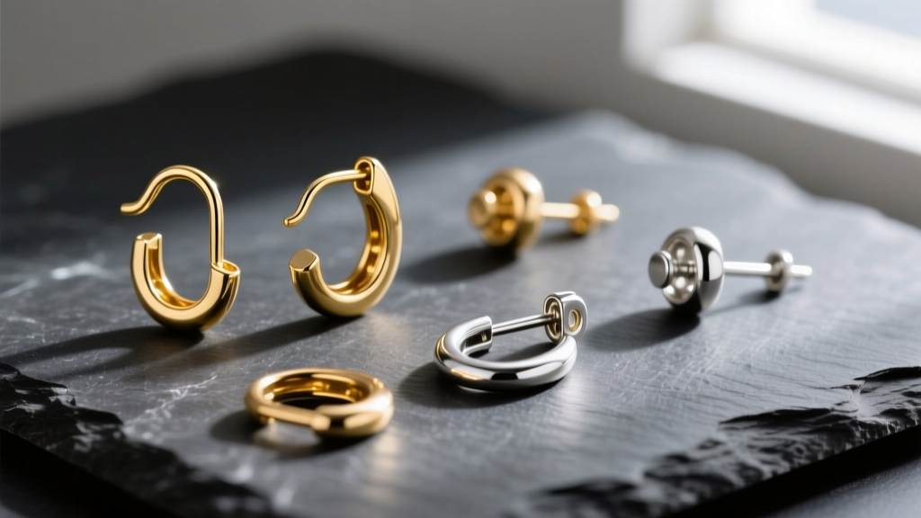 Macro shot of gold and silver earring hanger findings, including French hooks and leverbacks, scattered on a dark slate surface.