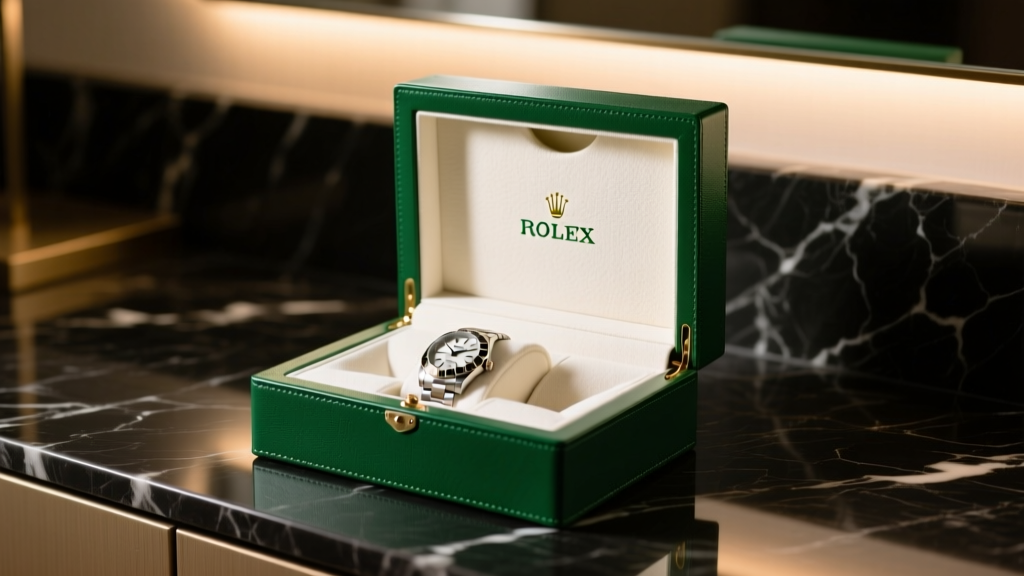 Open green leather Rolex watch box on dark marble vanity, revealing plush white interior cushion under warm lighting.