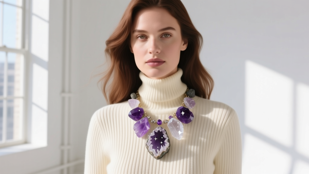 Woman wearing a layered rocky necklace with raw amethyst and clear quartz crystals over a cream-colored ribbed turtleneck sweater.
