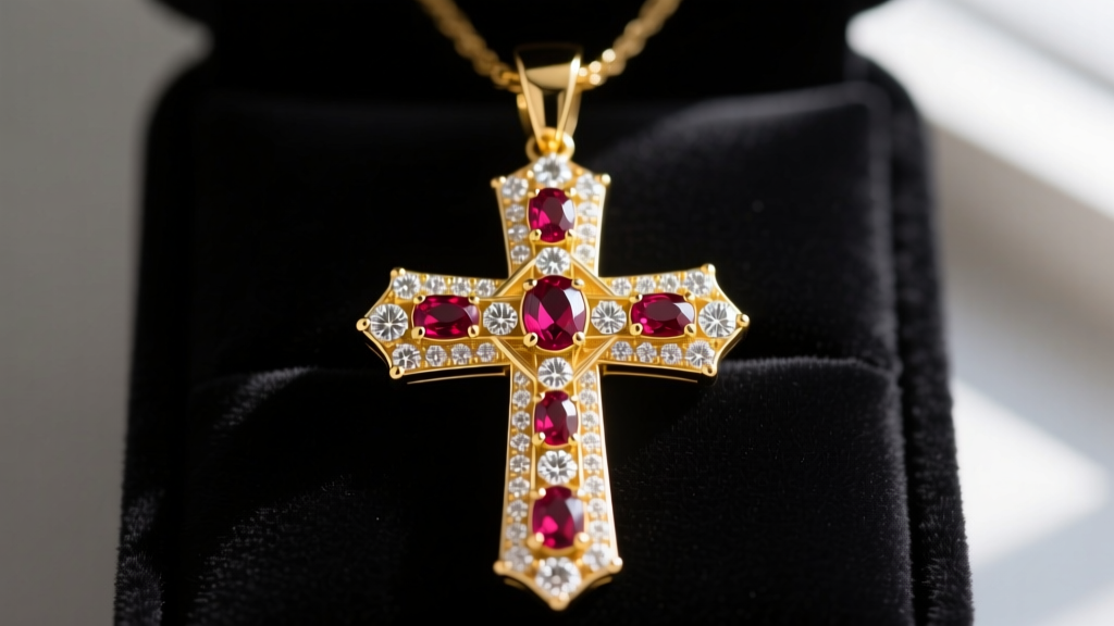 Macro photography of an 18k yellow gold cross pendant featuring alternating round brilliant diamonds and oval rubies on a velvet pad.