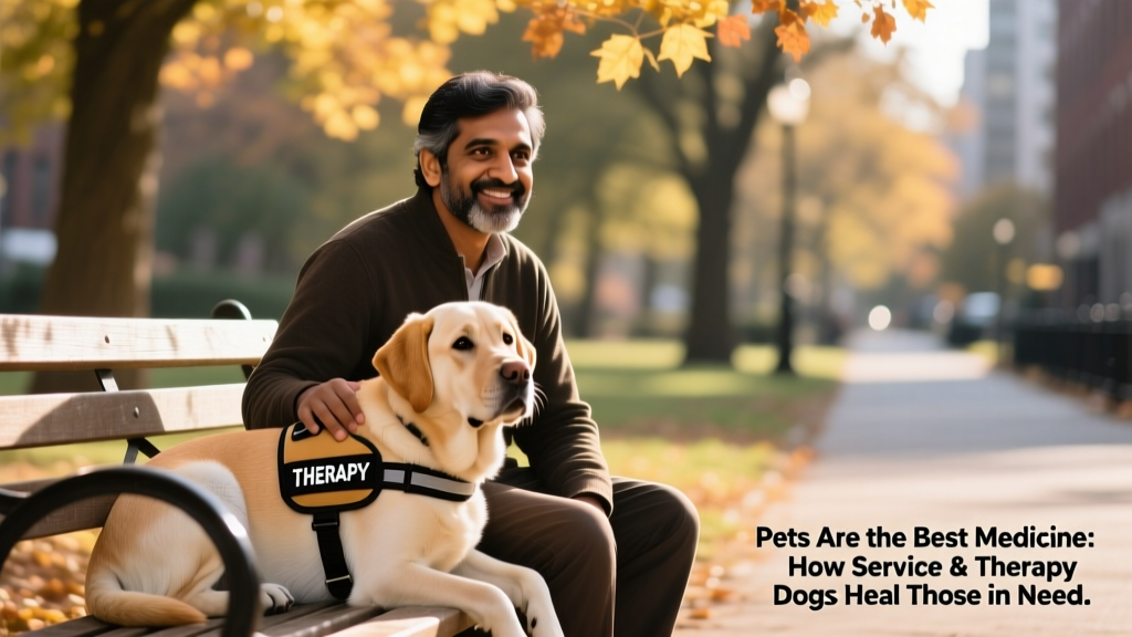 Nadir Mehta and his service dog Yamaha sitting on a bench