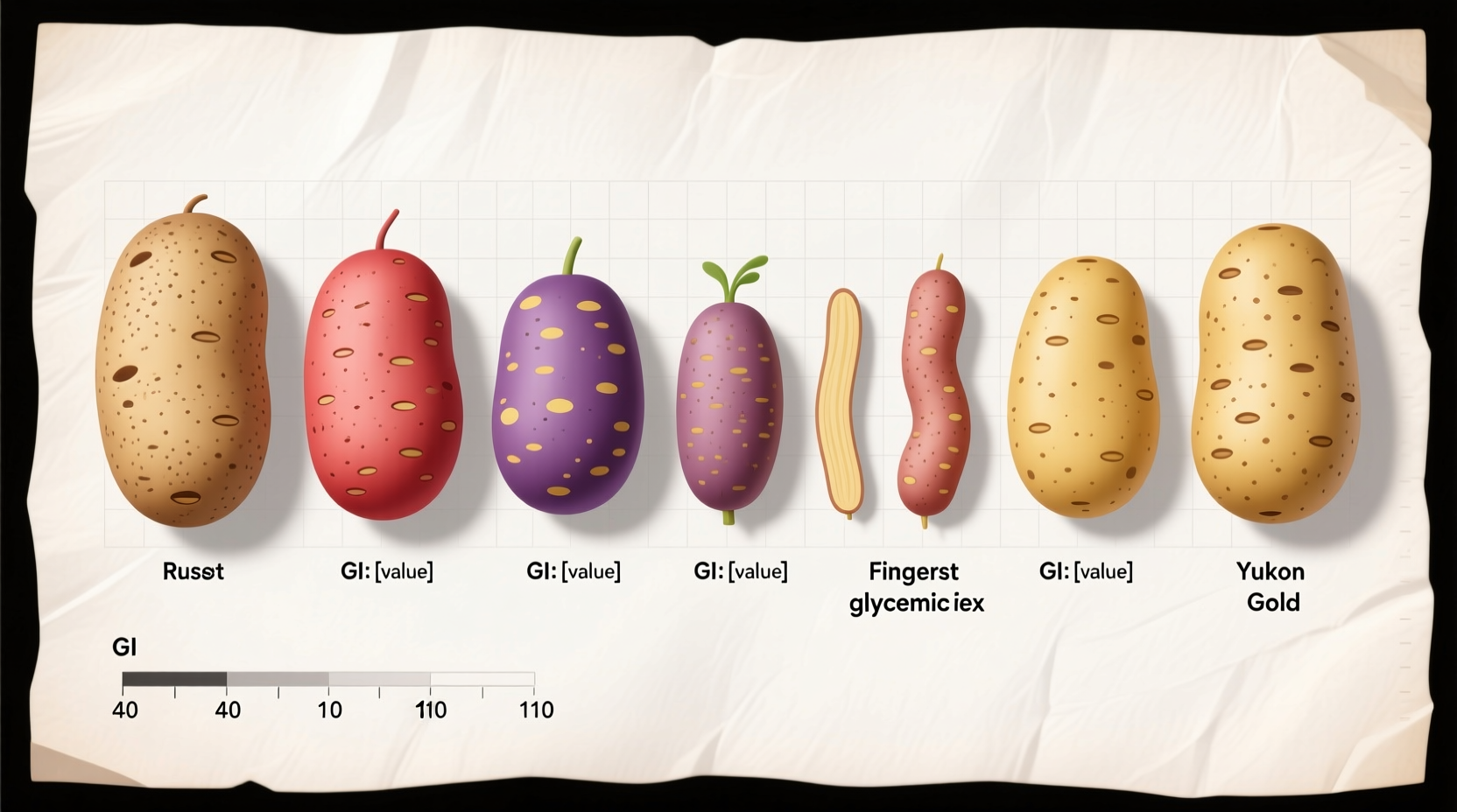 Different potato varieties arranged by glycemic index value