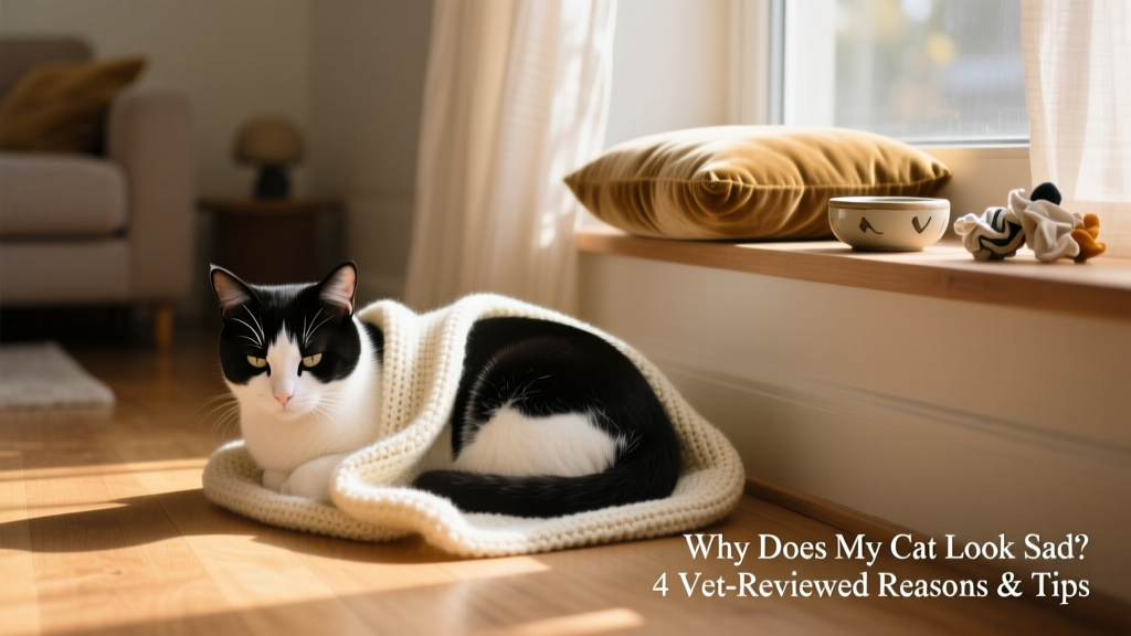 Cat curled up alone in a quiet corner with a soft blanket and a window perch nearby