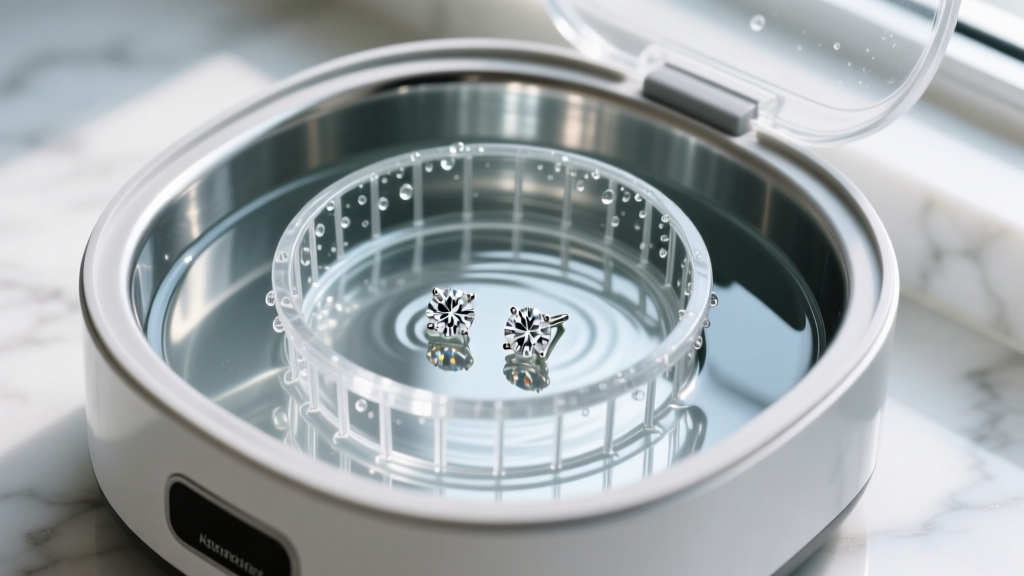Overhead view of an ultrasonic jewelry cleaner filled with water, showing a submerged basket holding diamond stud earrings.