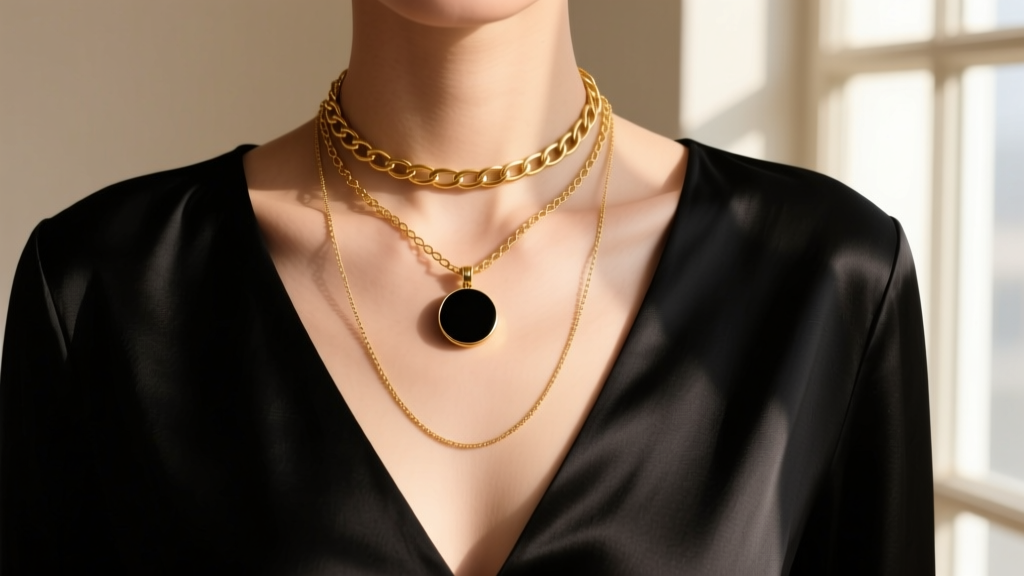Layered necklaces with a 16-inch gold choker, an 18-inch kohl pendant, and a 22-inch plain chain over a black V-neck top.