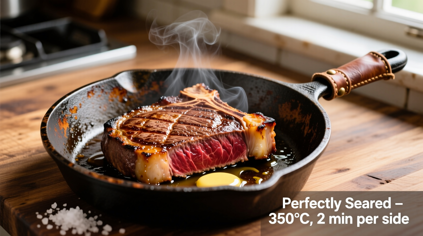 Perfectly seared New York steak on cast iron skillet