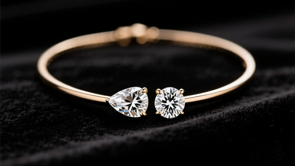 18k white gold two diamond necklace on black velvet, showing a pear and round stone side-by-side, lit by soft, warm studio light