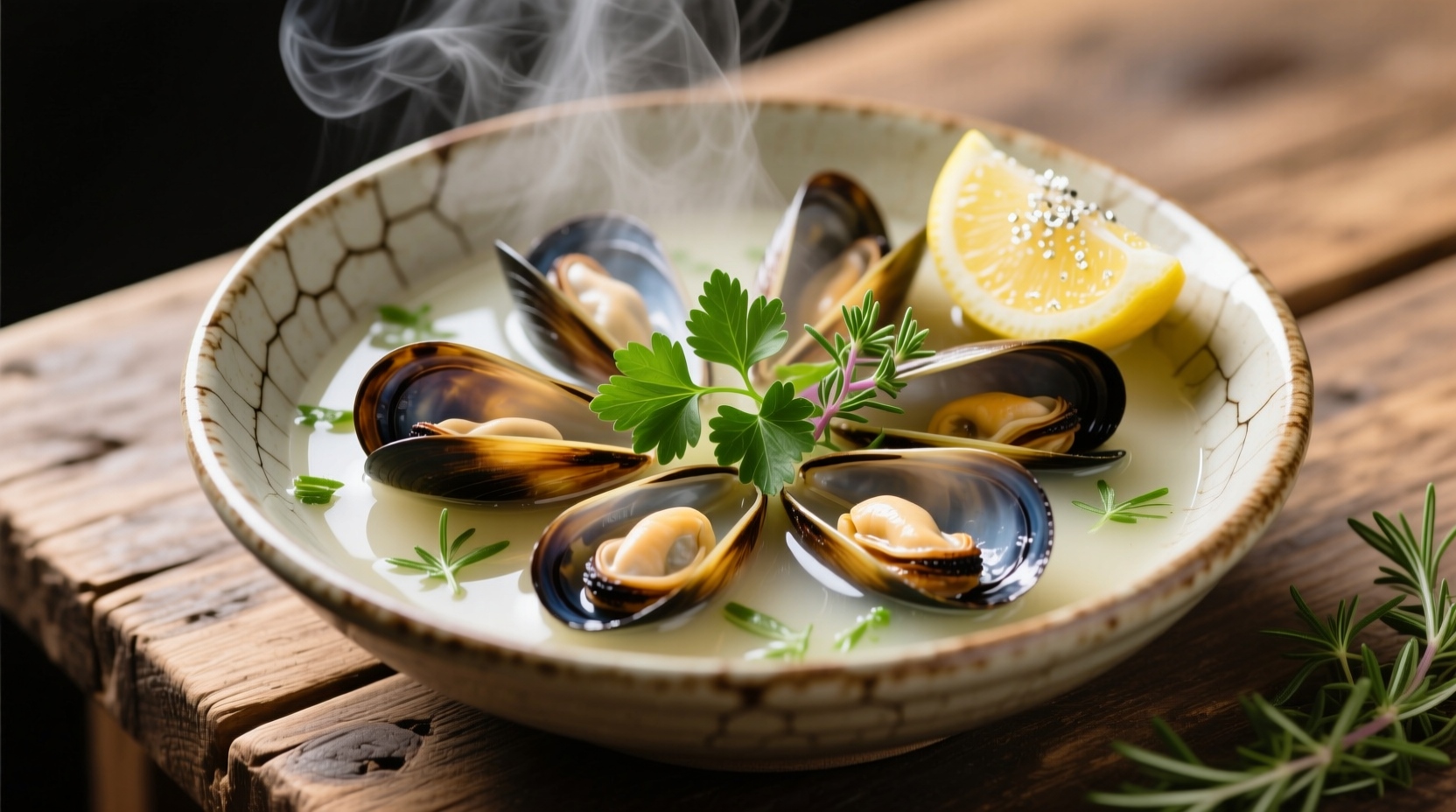 Fresh mussels in white wine broth with herbs
