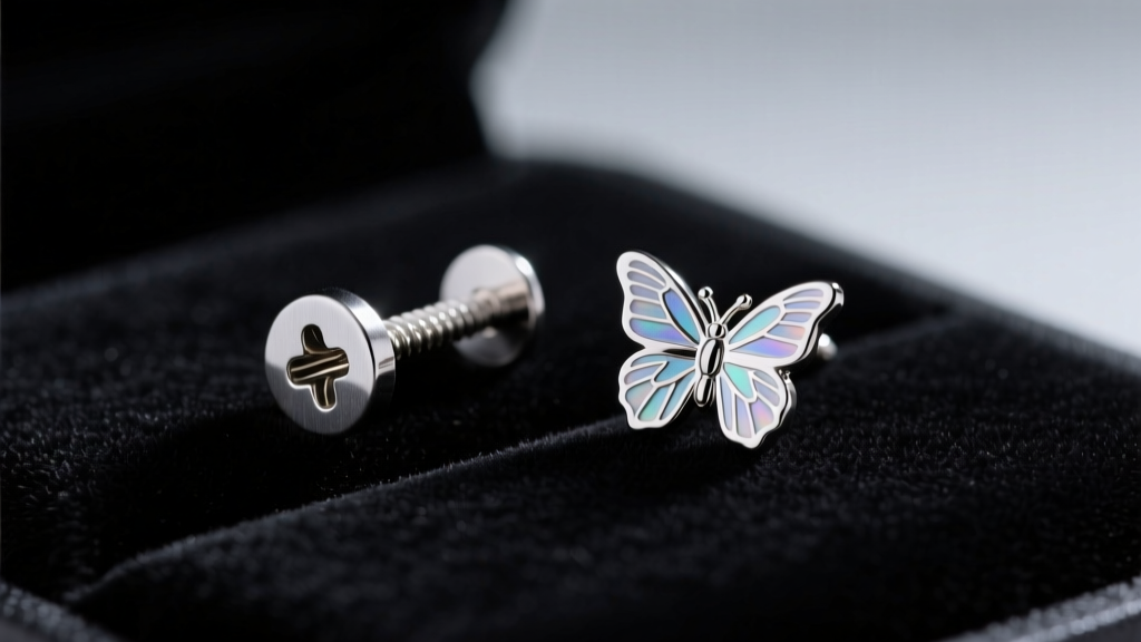 Macro photo of a titanium screw-back earring beside a butterfly back on dark velvet, showing thread details in soft studio light