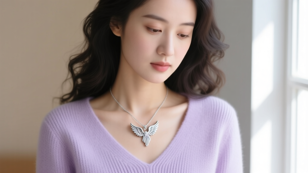 Young woman wearing a subtle sterling silver angel necklace wings pendant over a pastel V-neck sweater, looking down thoughtfully.