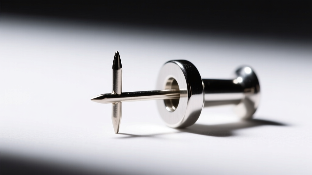 Macro view of a threadless push-pin earring top bent to adjust tension, bright studio light, sharp focus on the metal post