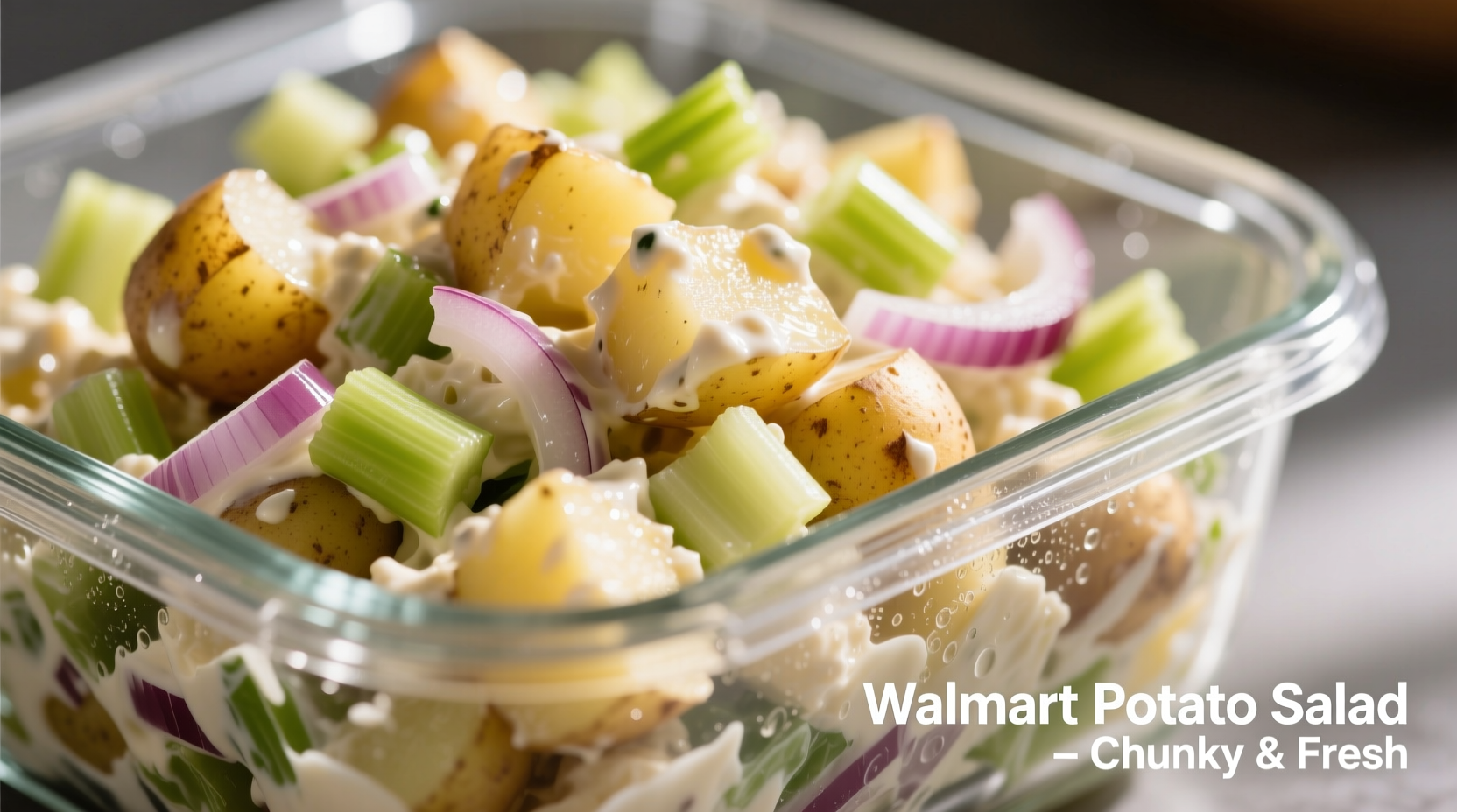 Walmart potato salad in clear container showing chunky texture