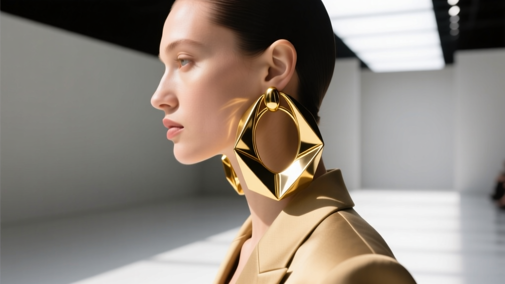 Side profile of a model wearing chunky sculptural gold hoop earrings featuring omega back supports on a brightly lit fashion runway