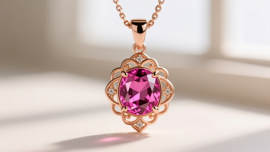 Close-up of a jewelry prong setting securing a vibrant pink tourmaline gemstone in a 14k rose gold joy necklace pendant piece.