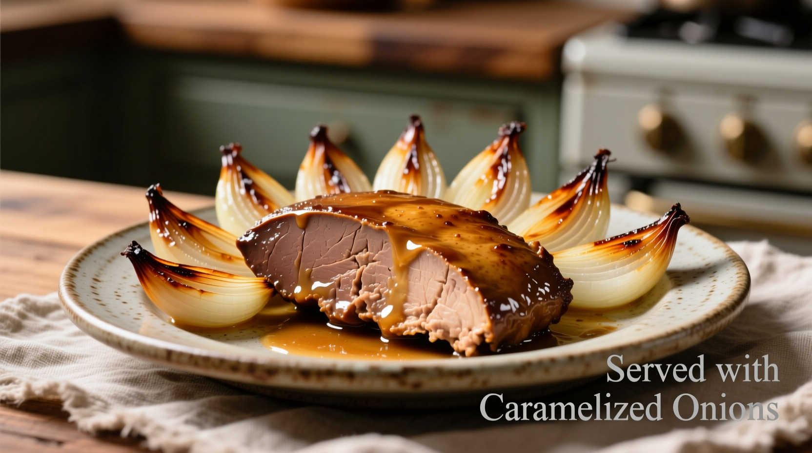 Sliced cooked chicken liver with caramelized onions on plate