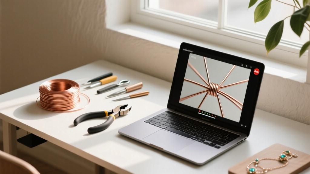 Overhead view of a beginner jewelry desk with 20-gauge copper wire, round nose pliers, and a laptop playing a video tutorial
