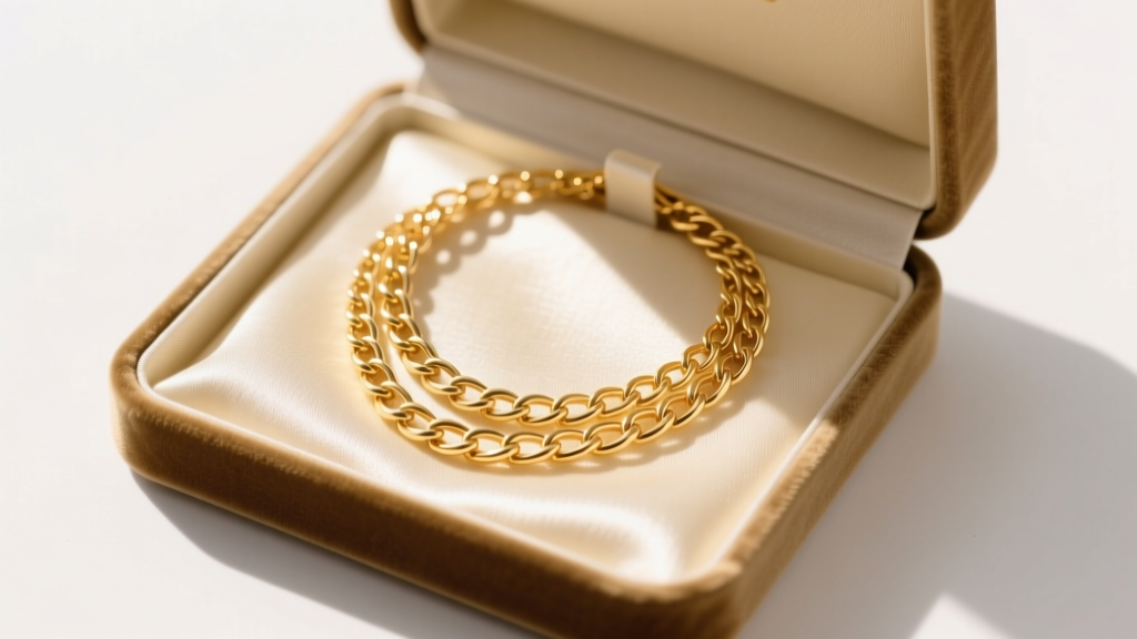 Open velvet box revealing a 14k gold-filled layered necklace, bathed in soft warm sunlight with gentle shadows on cream fabric.