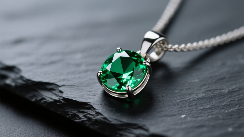 Close-up of a mood pendant displaying vibrant emerald green, resting on dark slate with soft lighting on the silver bezel.