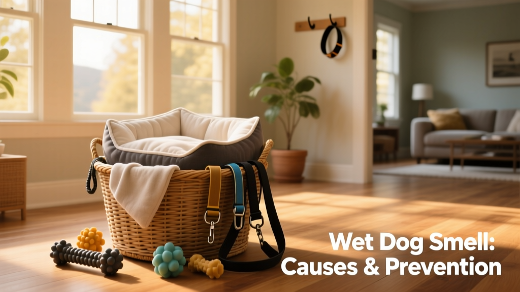 Laundry basket filled with clean dog beds, chew toys, and nylon leashes ready for washing