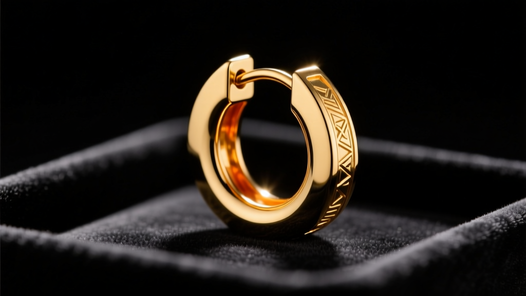 Close-up of 18k yellow gold huggie hoop earring with hidden hinge clasp on a dark velvet tray under warm directional lighting.