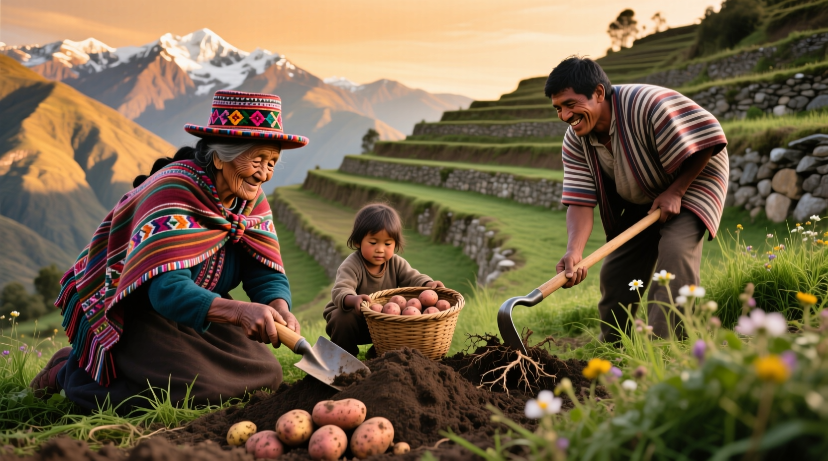 Family harvesting potatoes on Andean farm
