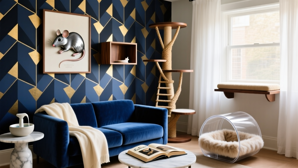 A sophisticated cat room with bold wallpaper, blue velvet couch, mounted mouse wall art, and elegant cat furniture