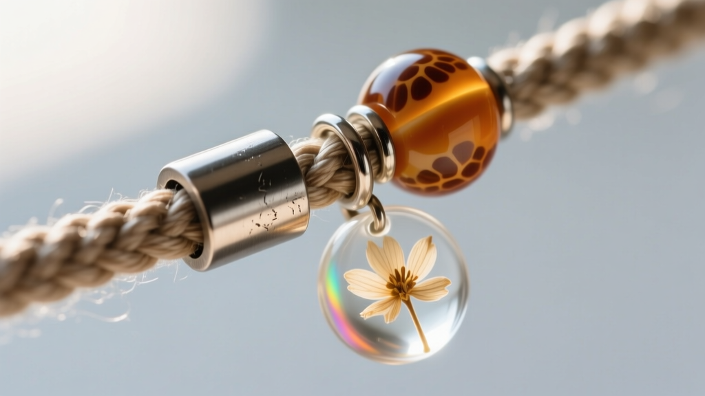 Detailed view of a titanium bail cap crimped onto a waxed linen cord, connecting to a polished sal seed and clear resin pendant