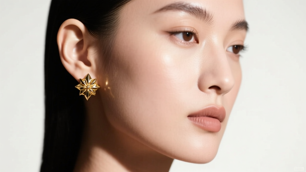 Model wearing a small gold Potara earring on the upper helix cartilage, with soft studio lighting highlighting the ear shape.