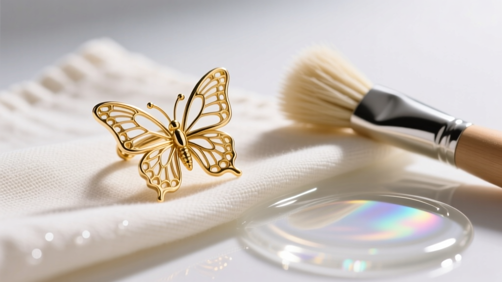 Macro close-up of a gold butterfly earring back on a cloth beside a soft cleaning brush and soapy water in bright studio lighting.