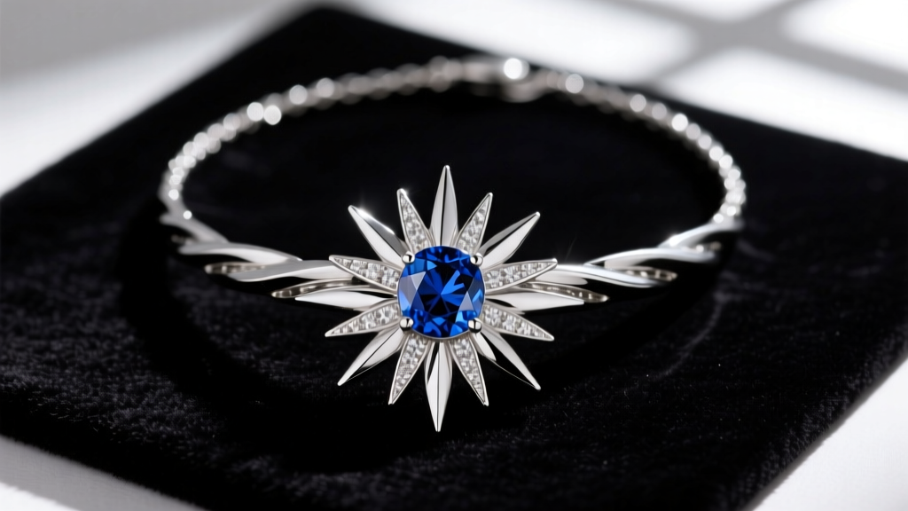 Macro shot of platinum sunburst necklace with laser-welded ray joints and central bezel-set sapphire on dark velvet jeweler pad