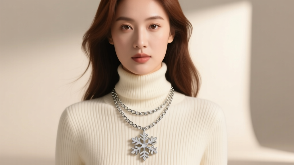 Woman wearing a layered sterling silver snowflake necklace over a cream ribbed turtleneck, showcasing a 20-inch rolo chain pairing