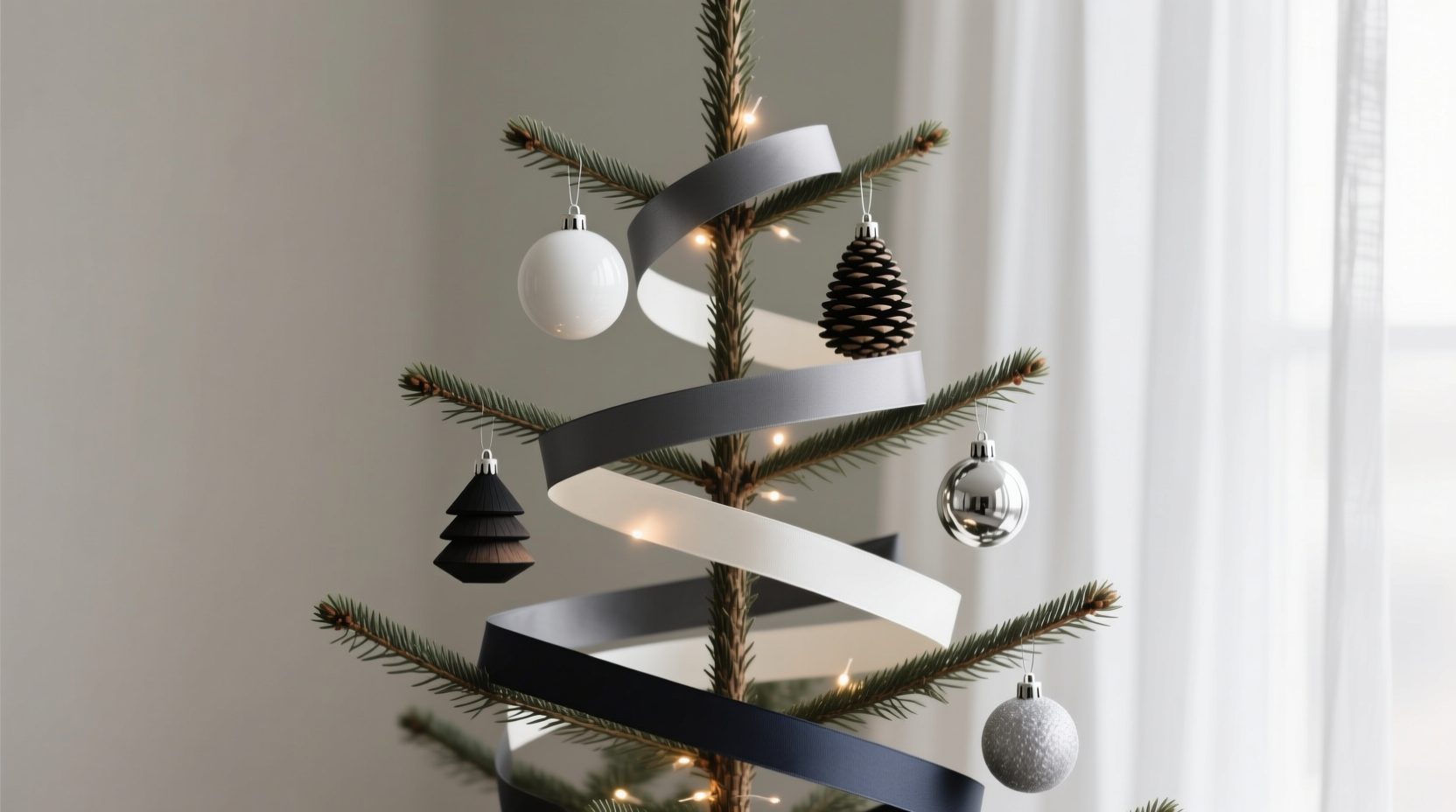 how to style a minimalist christmas tree using only three ornament types and monochrome ribbons