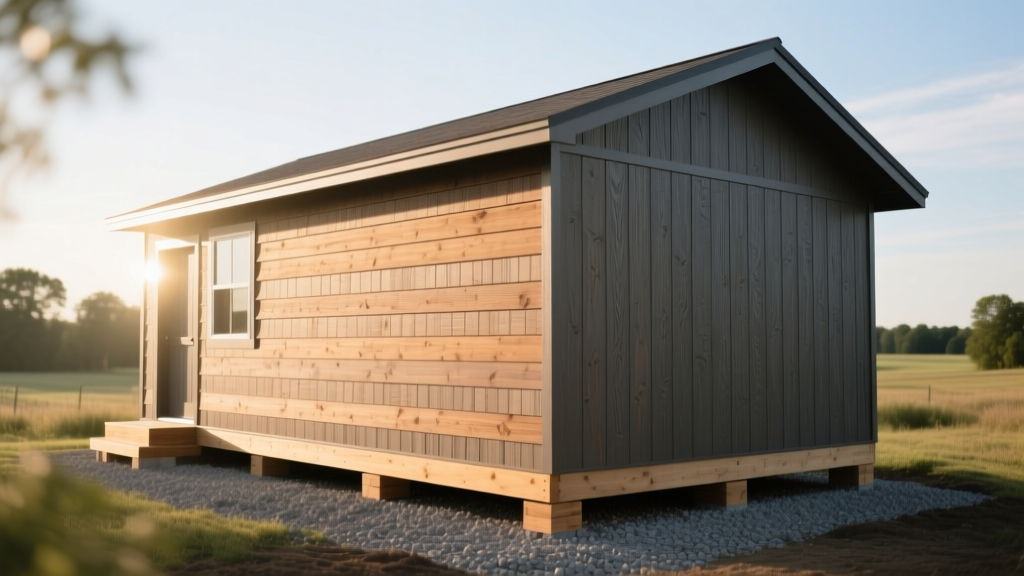 Partially framed 12x16 wooden shed on a compacted gravel foundation with pressure-treated skids and stacked LP SmartSide siding panels.