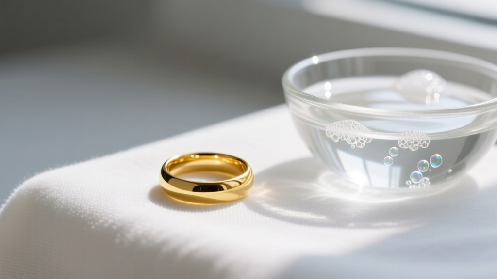 Gleaming 18k yellow gold ring on a microfiber cloth beside a glass bowl of soapy water, lit by soft natural window lighting.