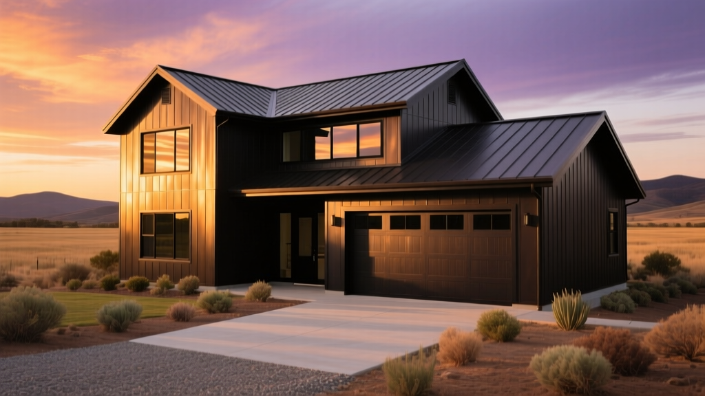 Wide-angle view of a completed two-story barndominium with dark bronze metal siding, standing seam roof, and large black-framed windows at sunset