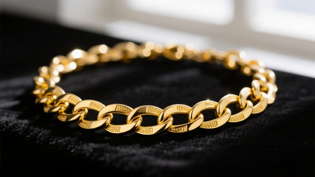 Macro photography of a delicate gold plated brass chain necklace resting on dark velvet, highlighting the bright yellow finish