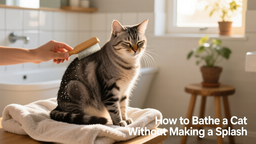 A relaxed cat sitting on a towel after a bath, being gently brushed by their owner