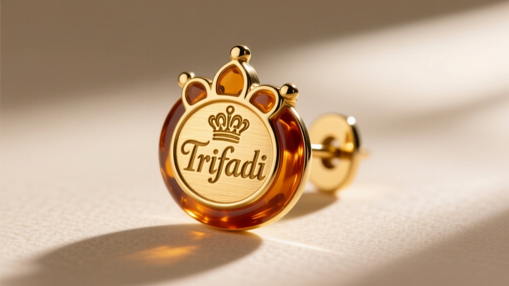 Macro shot of a vintage Trifari crown hallmark on the back of a 1970s brushed gold vermeil and amber resin clip-on earring