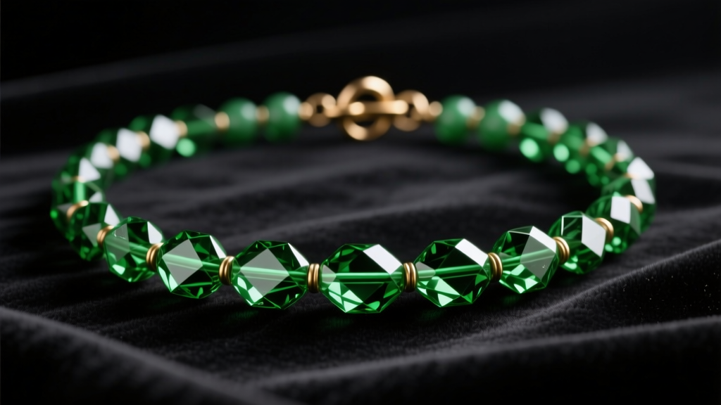 Macro shot of a vintage green glass necklace with faceted Art Deco beads and a brass clasp resting on dark velvet in soft light.