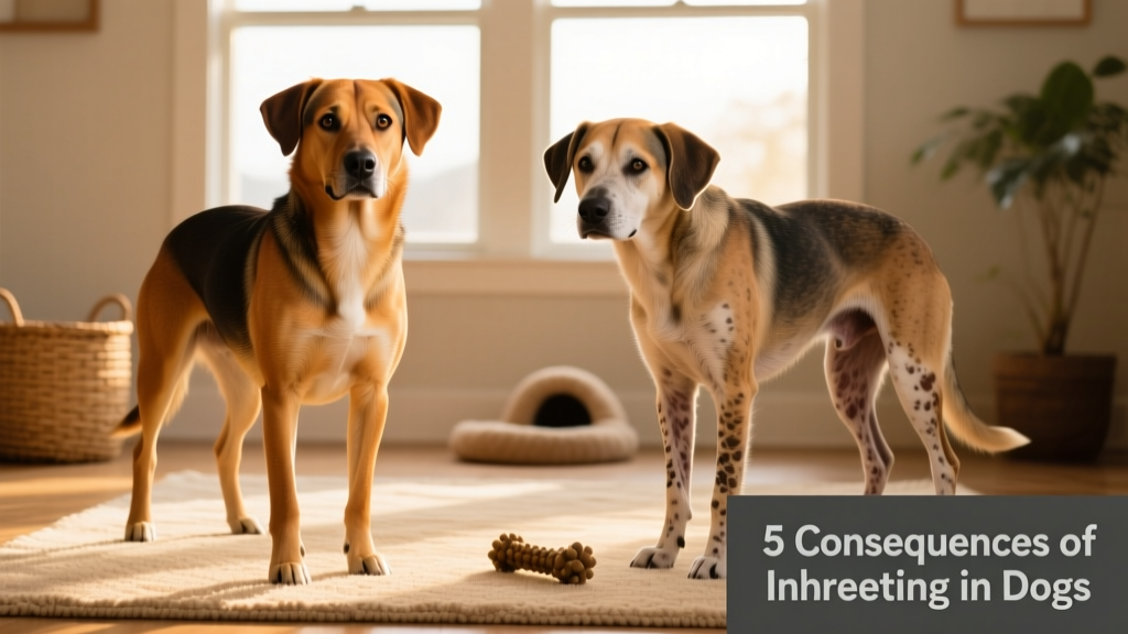Side-by-side comparison of a healthy dog and one showing signs of inherited health issues, such as malformed joints or skin conditions