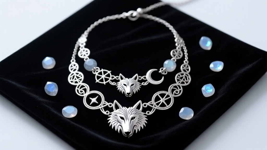 Flat lay of a layered sterling silver werewolf necklace set resting on dark black velvet fabric with scattered moonstone crystals