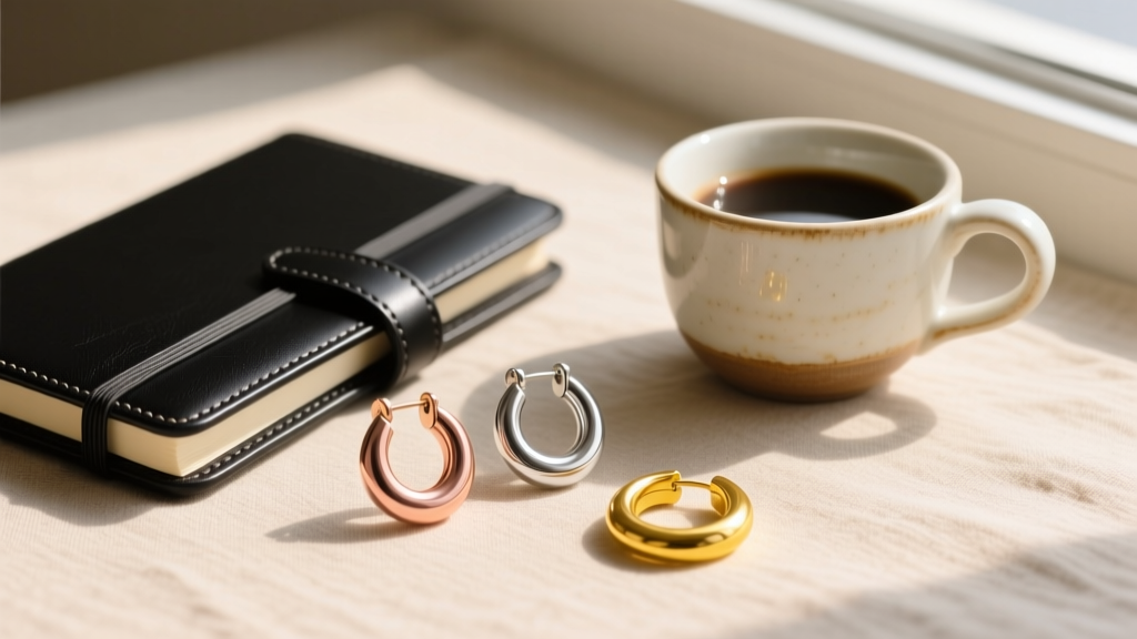 Flat lay of medium sized hoop earrings in rose gold, silver, and yellow gold resting beside a leather planner and ceramic cup.