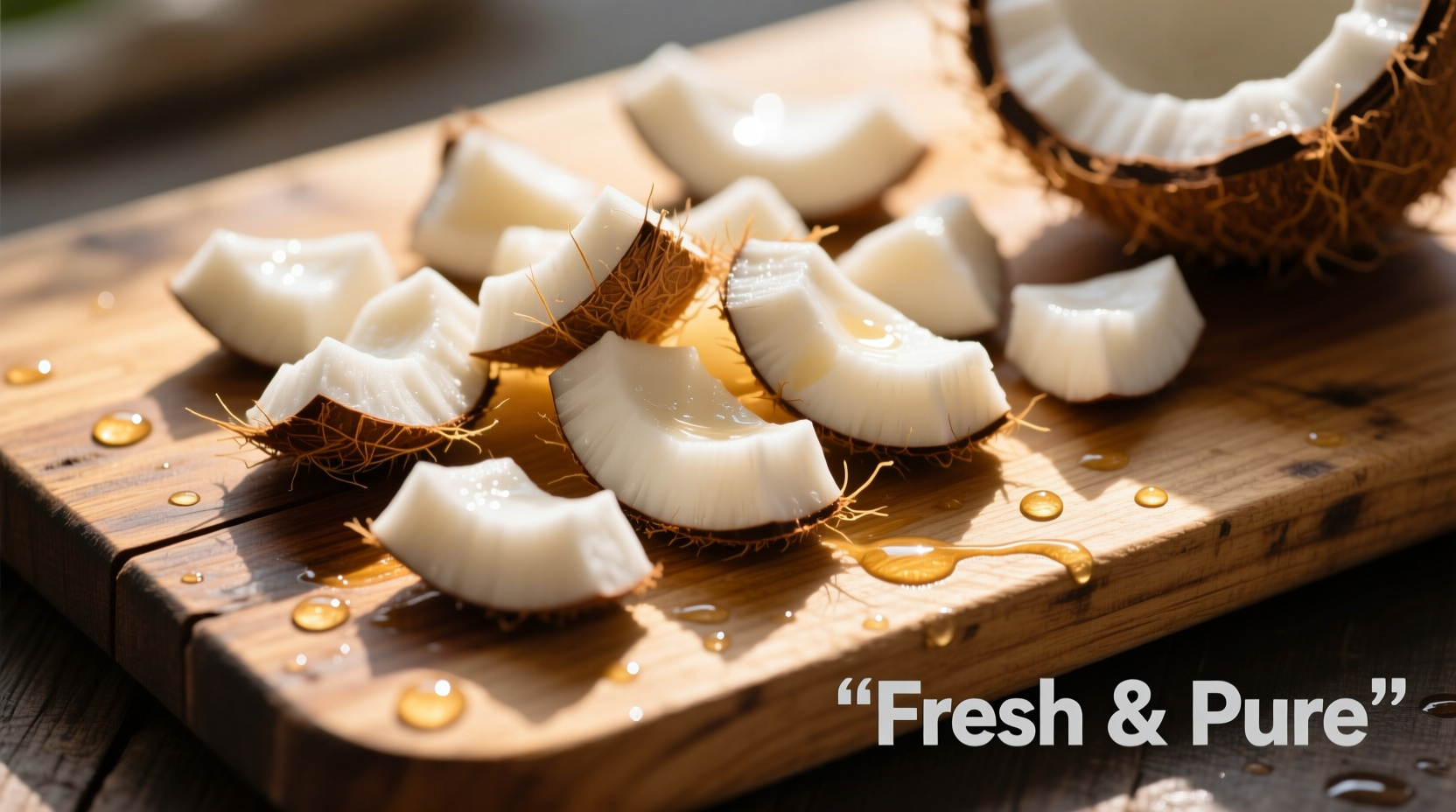 Fresh coconut pieces on wooden cutting board