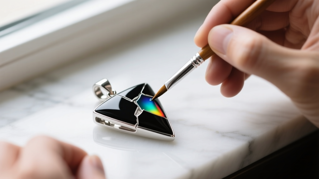 Jeweler using a fine-tipped brush to apply color-matched epoxy resin to a chipped black enamel section on a luxury triangle pendant