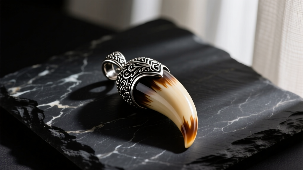 Close-up of a polished wild boar tooth pendant capped with oxidized sterling silver, resting on dark slate with moody lighting