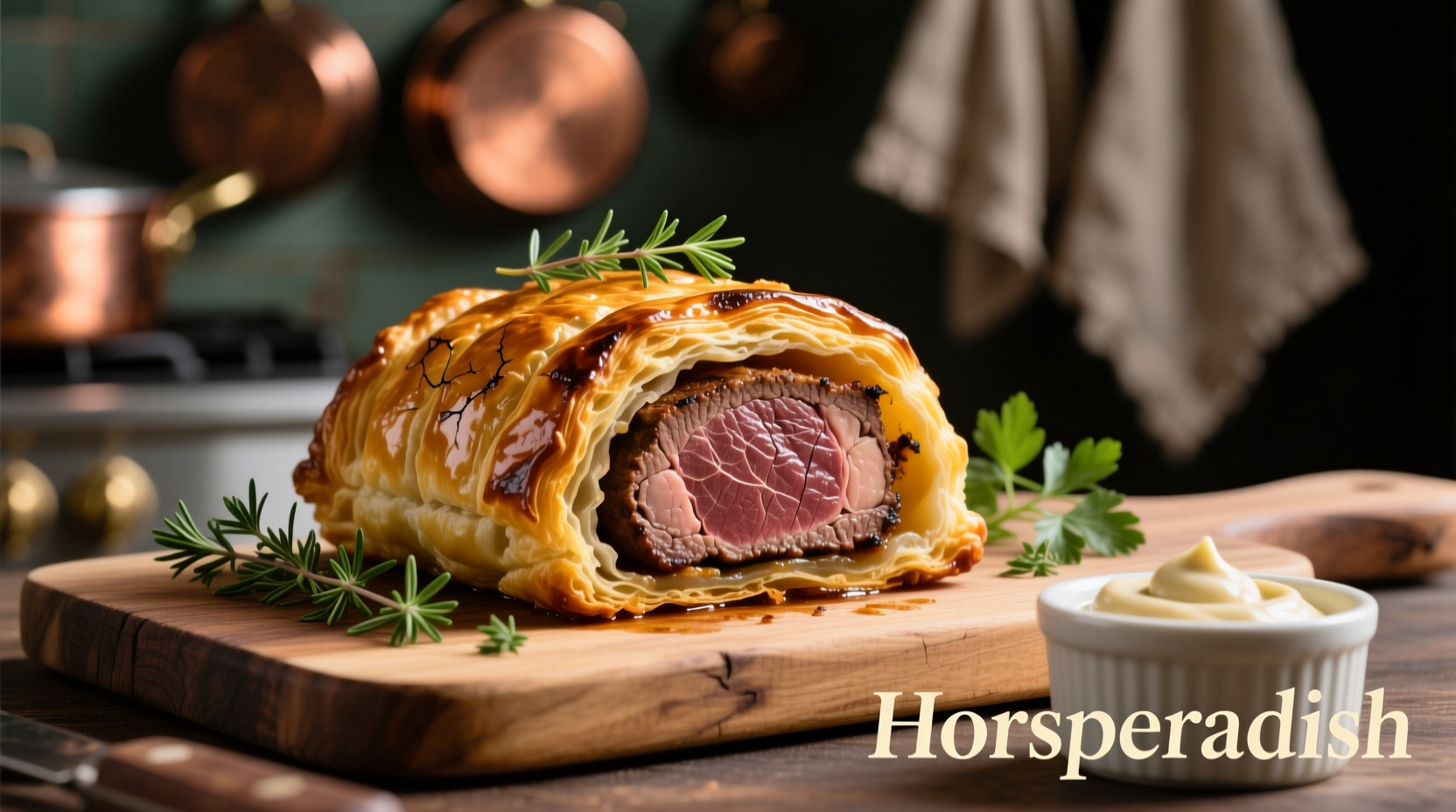 Perfectly cooked Beef Wellington with golden pastry